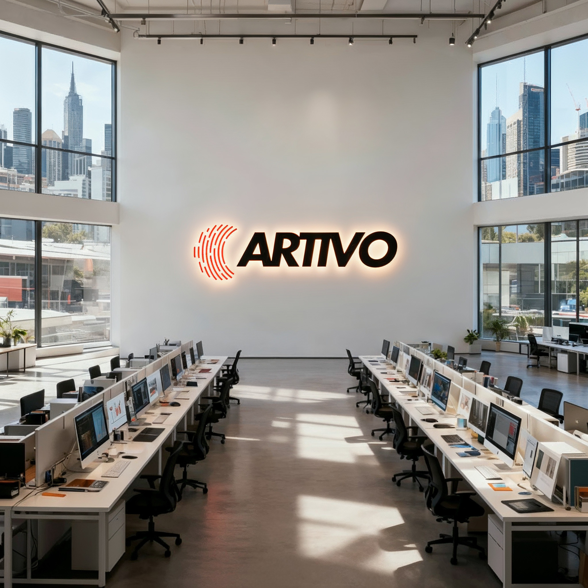 The Artivo studio, with the Artivo logo lit up on the wall above rows of design desks