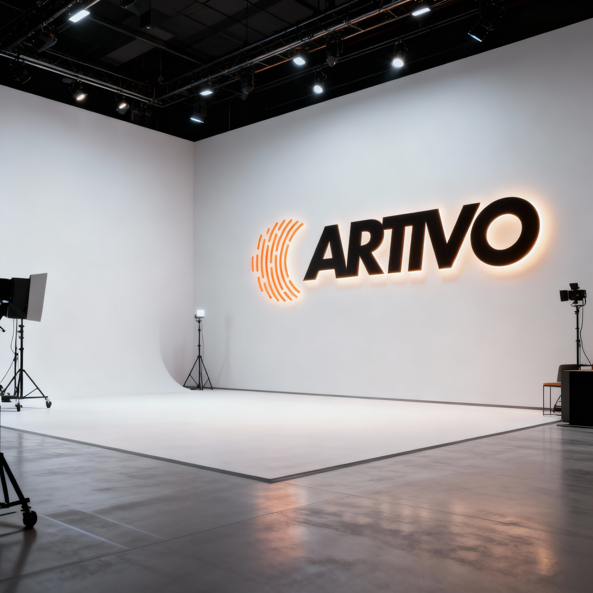The Artivo studio, with the Artivo sign lit on a white wall above the shooting floor