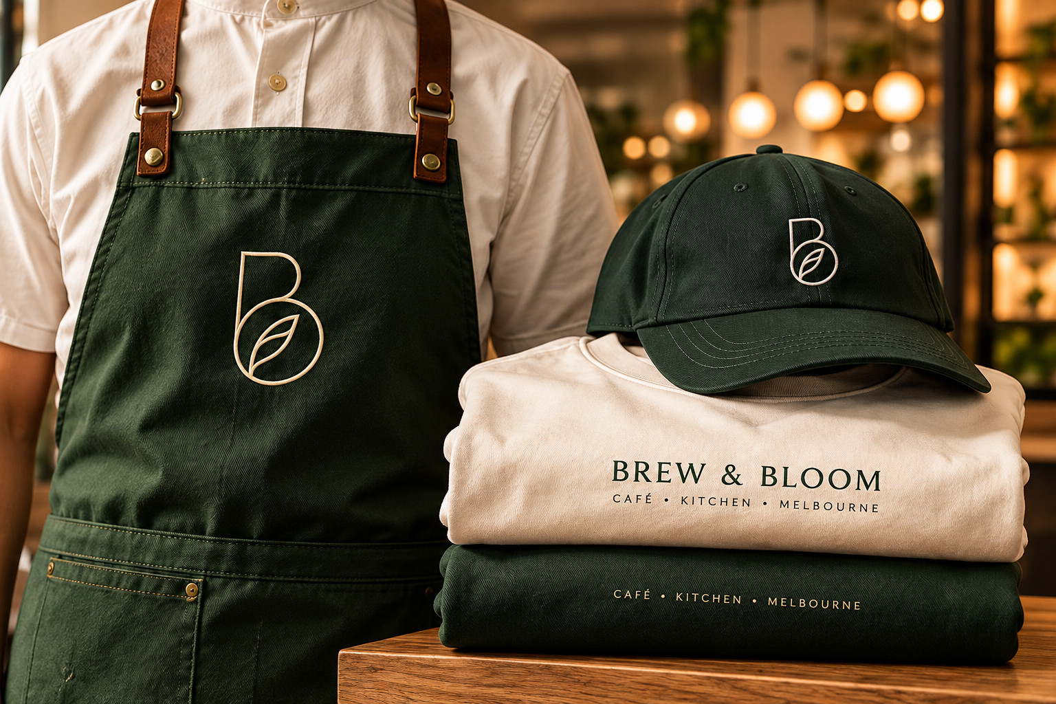 Branded apron, cap and folded shirts for Brew & Bloom staff