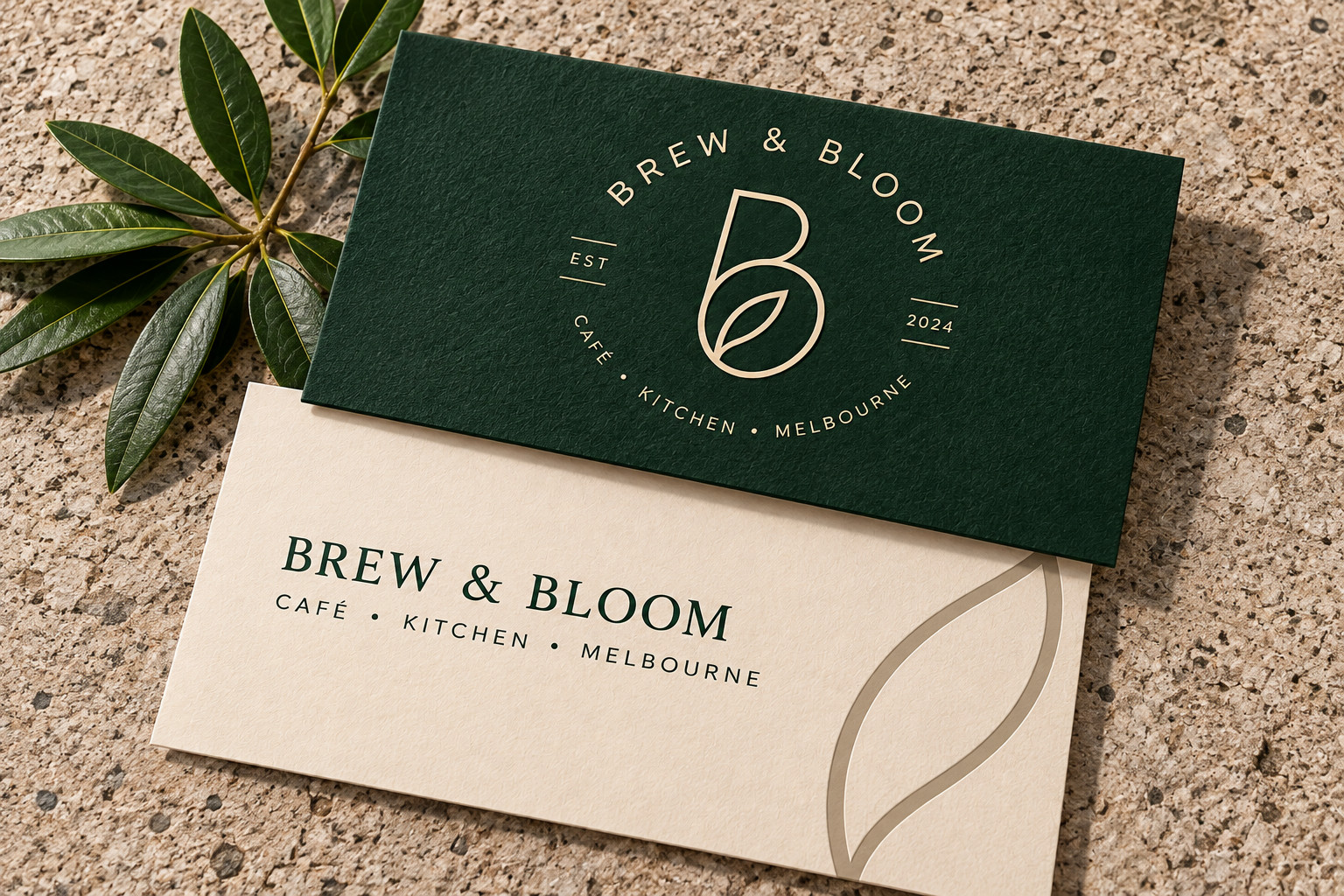 Brew & Bloom business cards in forest green and cream