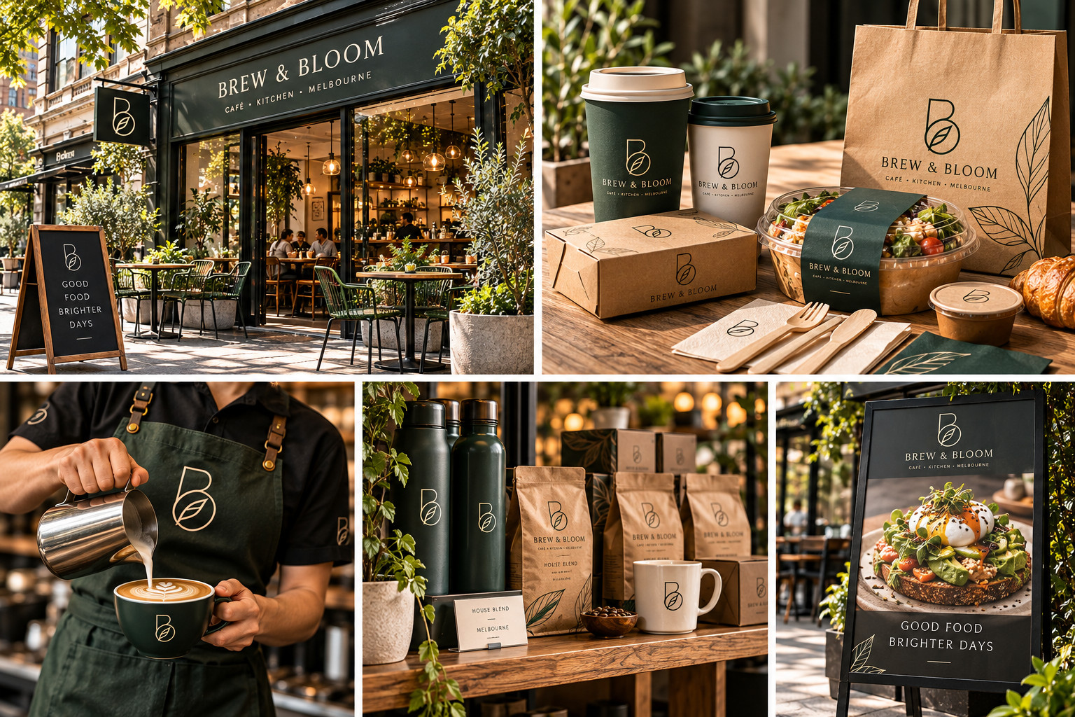Brew & Bloom shopfront, takeaway range, barista, retail shelf and street sign
