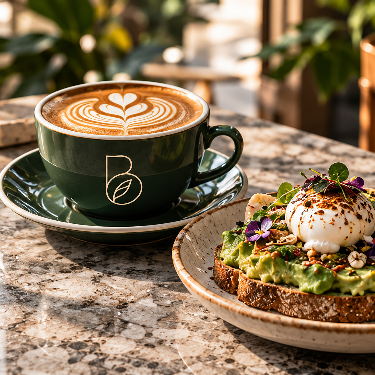 Latte in a green Brew & Bloom cup beside avocado toast
