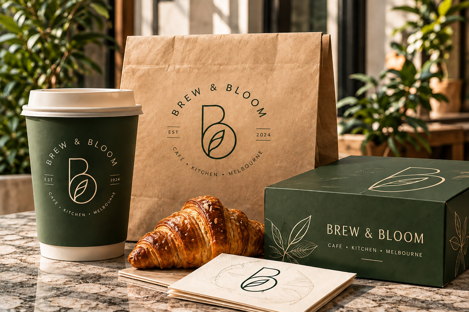 Takeaway cup, paper bag, pastry box and napkins in Brew & Bloom branding