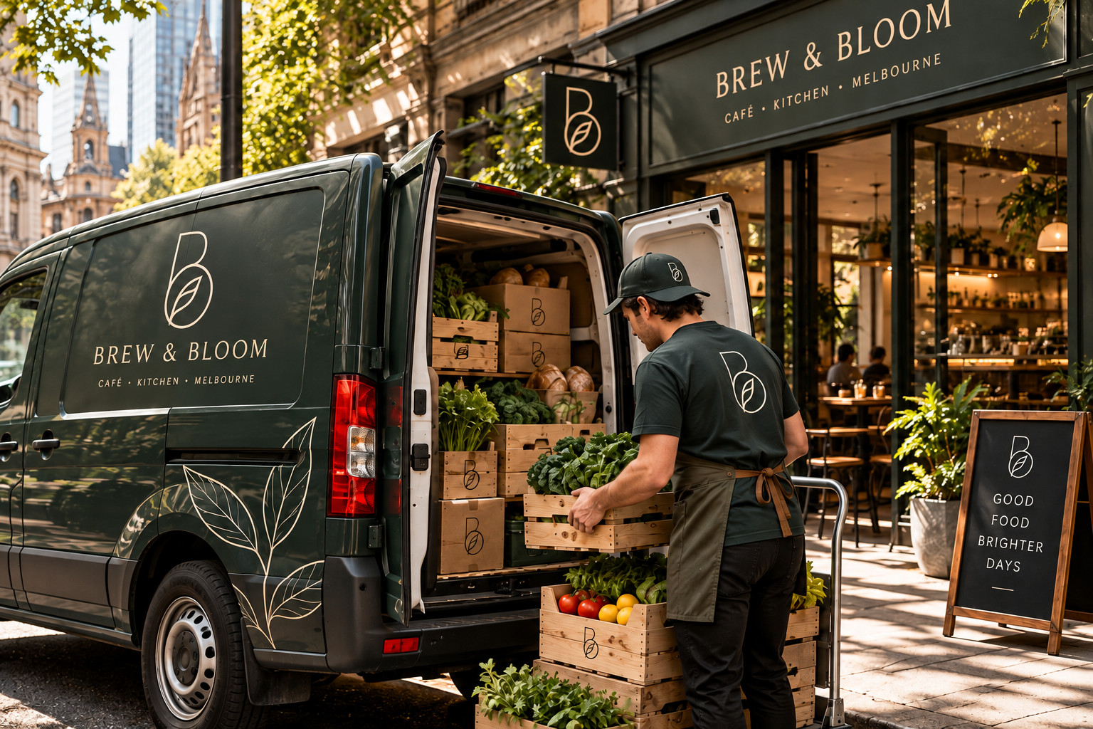 Brew & Bloom shopfront and branded delivery van