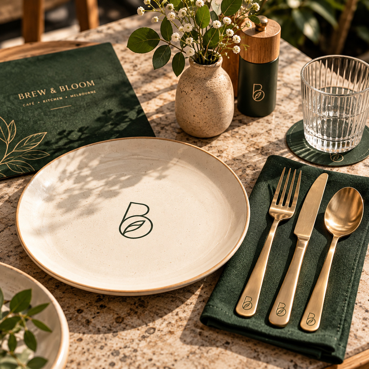 Table setting with branded plate, menu, cutlery and coaster
