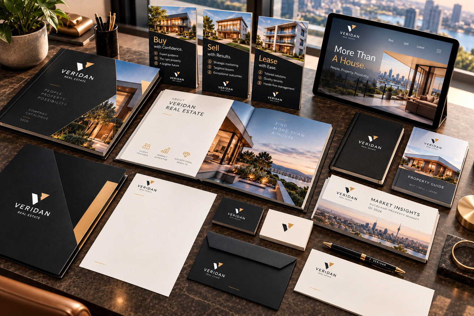 Veridan brand suite: catalogue, flyers, website on a tablet, letterhead, envelopes and business cards