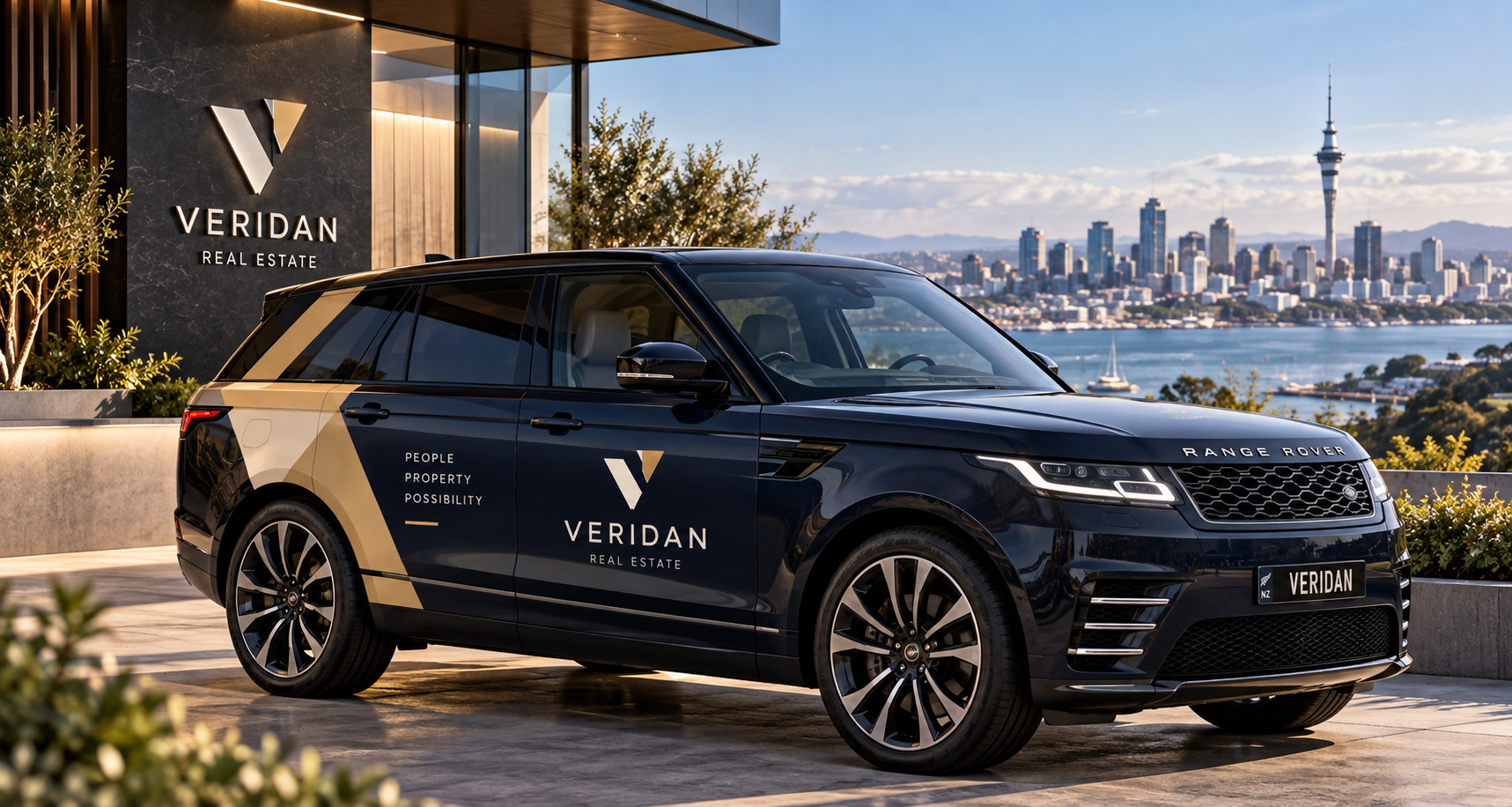 Veridan-branded SUV parked above Auckland harbour