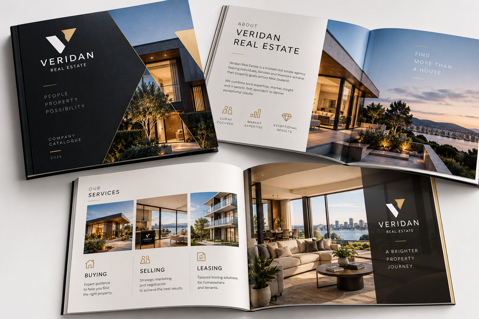 Veridan company catalogue: cover, about page and services spread