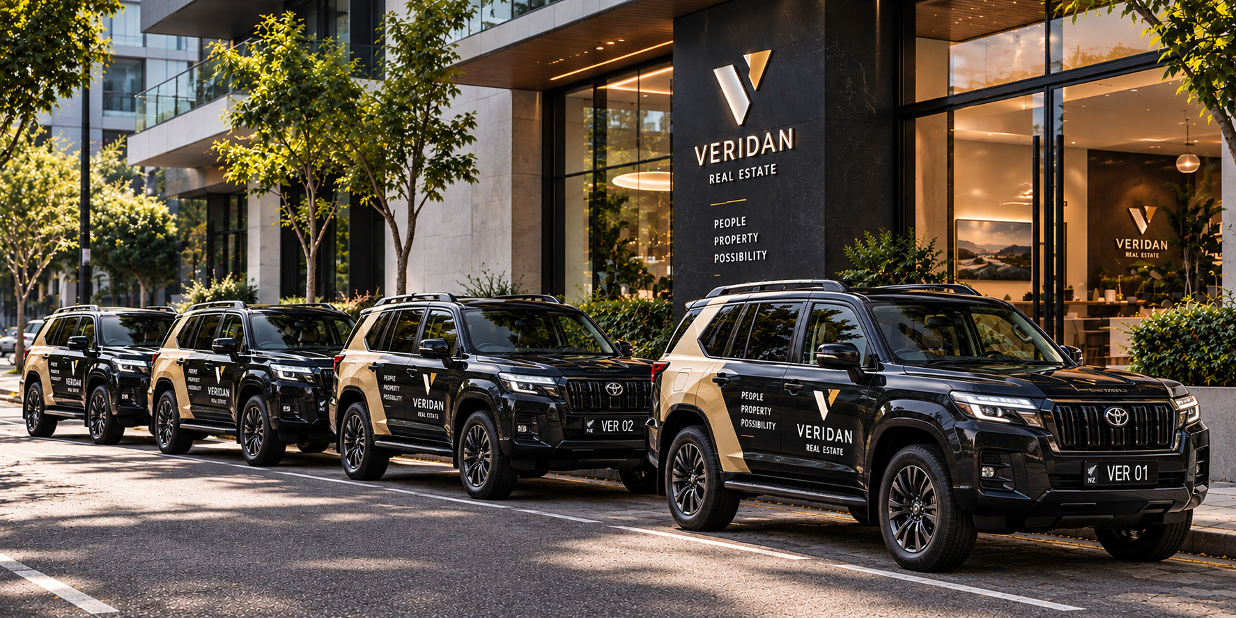 A row of Veridan-branded SUVs outside the office
