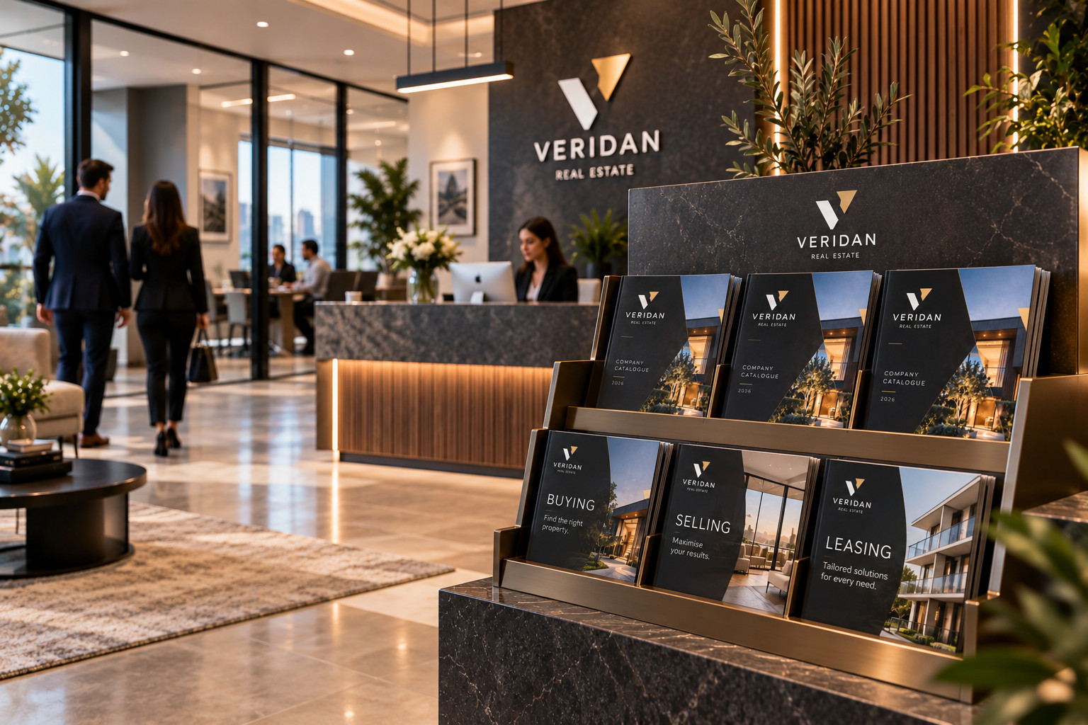 Veridan reception with the logo wall and a stand of buying, selling and leasing brochures