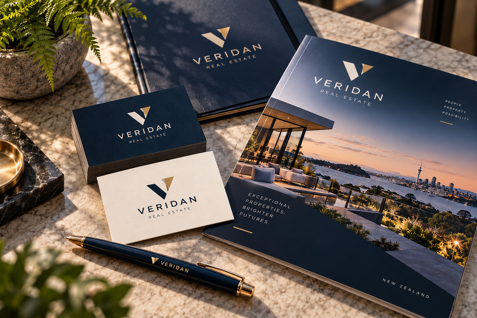 Veridan business cards, folder, pen and property brochure