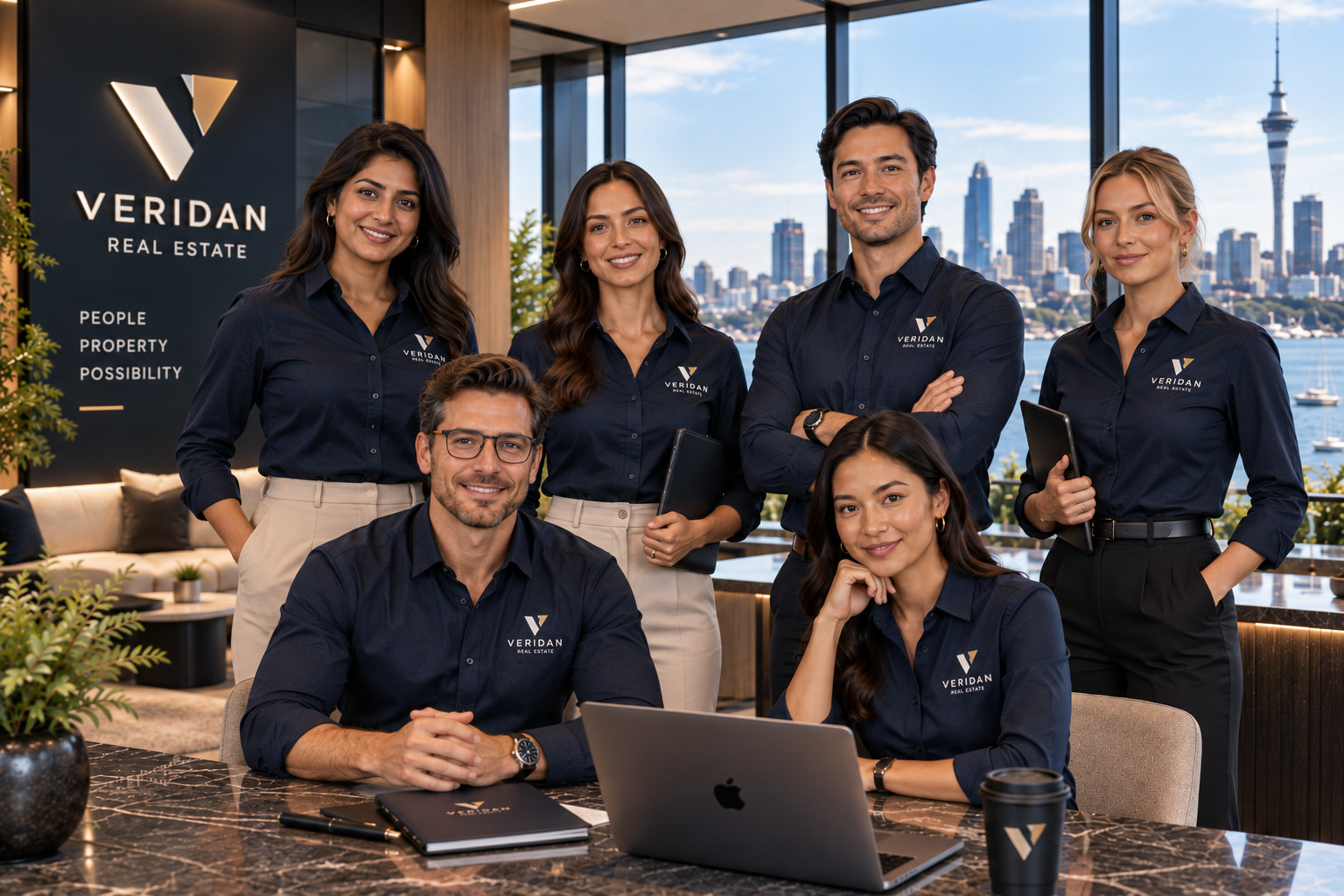 Team in Veridan-branded shirts in an office overlooking Auckland